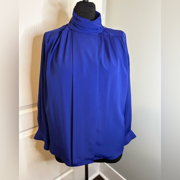 Woolf Bros Vintage 90s Light Academia  Cobalt Electric Blue High Neck Blouse M - Picture 1 of 7